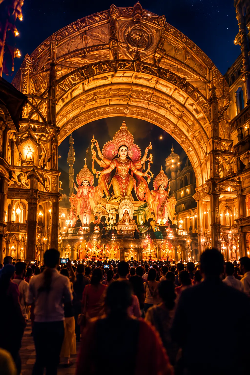 A brightly illuminated Durga Puja pandal in Kolkata at night